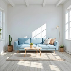 Nordic summer living room with ice blue fabric sofa, small potted cactus, bright white walls and light wooden floor with natural summer light.