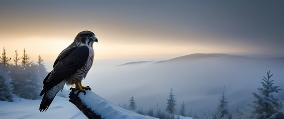 Fototapeta premium Falcon perched on snow frosted pine branch watching wide valleys wrapped in early morning mist