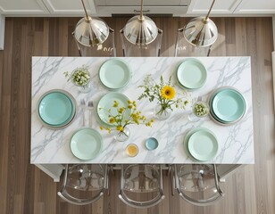 Summer modern kitchen with mint green plates, clear acrylic chairs and white counters on stainless steel island