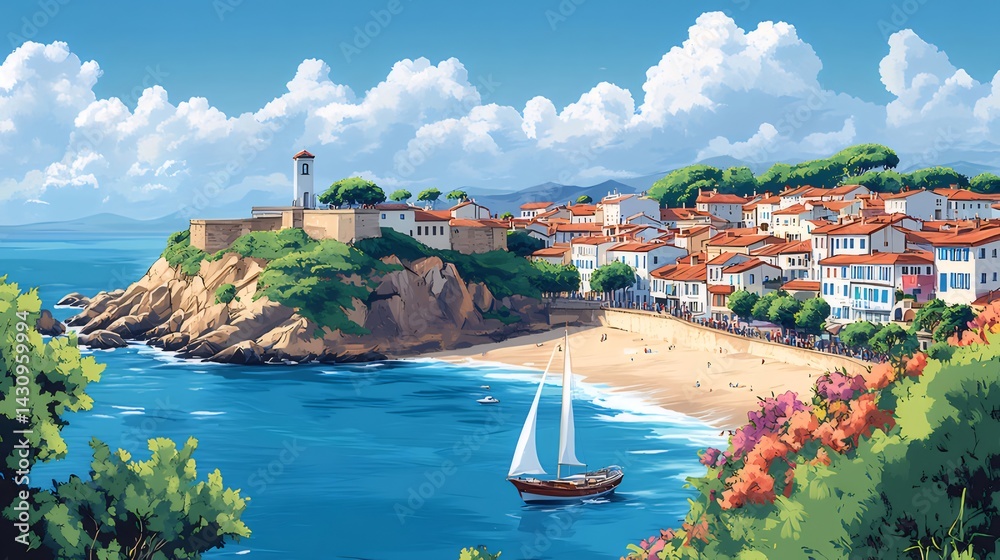 Poster 地中海の海岸沿いの町のイラスト 青い海と青空のビーチ 夏の観光地 海岸の景色