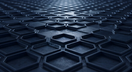Obraz premium Hexagonal Pattern Deep Blue Honeycomb Texture Futuristic Dark Background