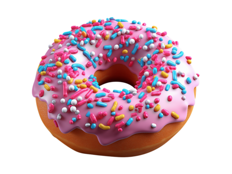 A single donut with pink frosting and colorful sprinkles on a transparent background in a close up view png - Powered by Adobe