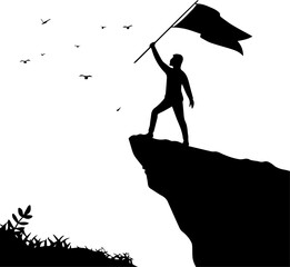 Victory Silhouette – Man Holding Flag on Mountain Cliff