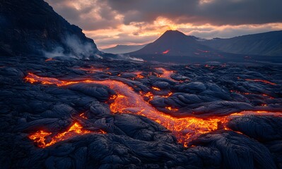 Fototapeta premium The lava flows down the valley, creating an endless stream of glowing red lights on the rocks and soil. The picture is a long-distance view with high resolution and bright colors. 