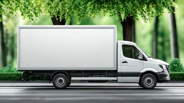 Clean white commercial delivery van parked alongside road in lush green park setting with ample blank space for branding and advertisements.