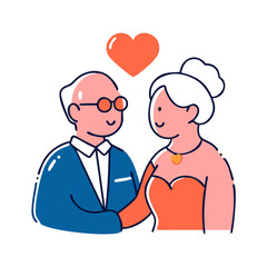  A simple, colorful illustration of an elderly couple. The man is wearing glasses and a blue suit, while the woman is wearing an orange dress and a necklace. They are holding hands, with a large red h