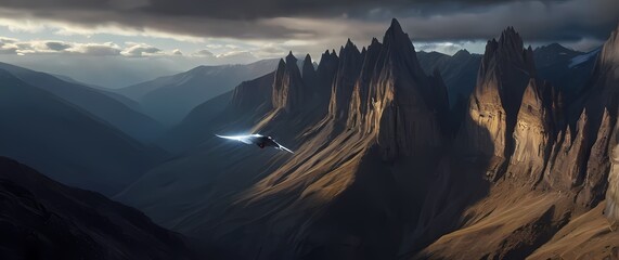 Falcon gliding over jagged mountain cliffs with cold crisp air and wispy clouds rolling through deep valley