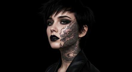 Woman Portrait with Dragon Tattoo and Dark Makeup on Black