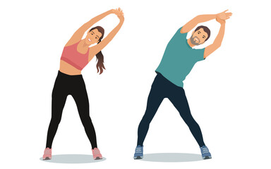 Young athletes  stretching man and woman workout , exercising at the gym. isolated on white background. vector