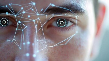 Facial recognition technology overlaid on a person's face.