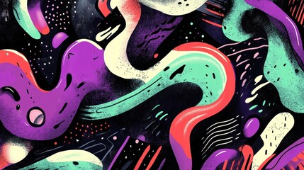 Obraz premium Abstract colorful design with flowing shapes and splatters.