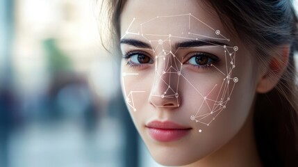 Facial recognition technology overlaid on a young woman's face.