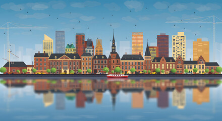 Naklejka premium Charming Dutch Cityscape: Historic Buildings and Modern Towers Mirrored in Calm Waters