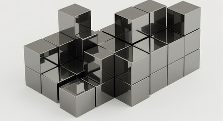 Geometric Cascade Silver Metal Cubes on White Background Perspective View