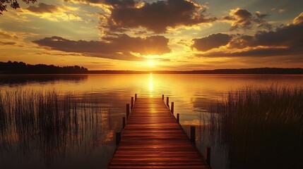 Obraz premium Serene Sunset: Wooden Dock at Golden Hour Lake