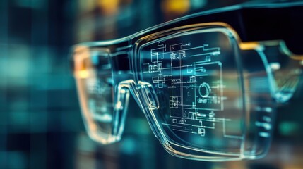 Futuristic eyeglasses display technological advancements.
