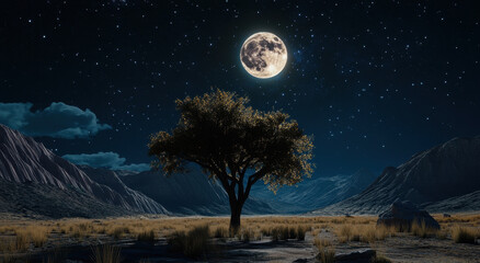 Moonlit Serenity: A solitary tree stands majestically beneath a starlit sky, bathed in the ethereal glow of a full moon, creating a serene and captivating landscape.