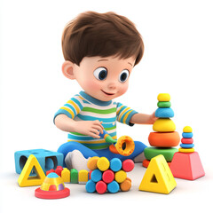Obraz premium A young boy is deeply engaged in playing with colorful shapes and stacking rings, fostering creativity and development.