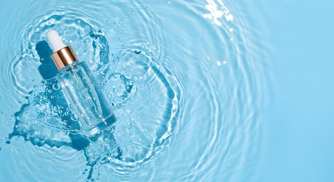 AI image captures a dynamic shot of a cosmetic serum bottle splashing into clean blue water, creating bubbles and energetic ripples.