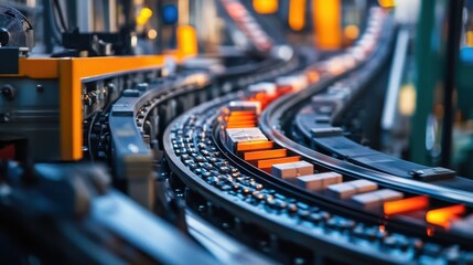 Naklejka premium Automated conveyor system carrying packaged goods in a modern factory.