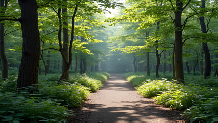 Fototapeta premium Serene forest trail with sculpture installations