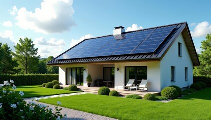 Fototapeta premium Exterior of contemporary house featuring seamless solar panels, architecture, eco-home, green