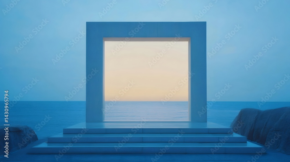 Poster 海に面した正方形の開口部 青い海と夕焼けの空 幾何学的な石造りの建造物 屋外の風景
