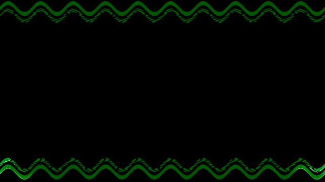 The effect of appearing and enlarging and shrinking and disappearing a horizontal, wavy long frame with green decorations on a black background. Space for your own content.