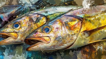 Two colorful fish, vibrant and abstract, displayed close-up.