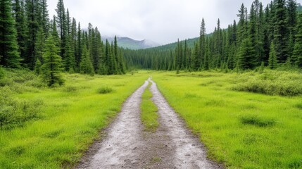 Fototapeta premium Dirt Road Lush Meadow Serene Natural Style High-Resolution Landscape View Peaceful Journey Mountain Background Cool Green Tones Travel Brochure extra details included