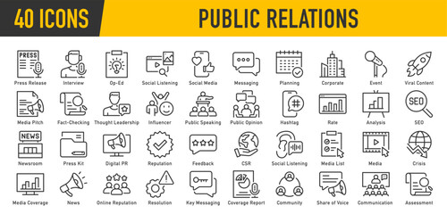Public Relations web icons in line style. Social media, interview, reputation, press, feedback, planning, news, collection. Vector illustration.