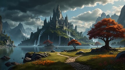 Obraz premium Majestic castle on island, autumn foliage, misty mountains, calm lake; fantasy art