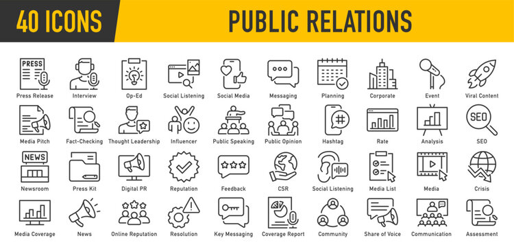 Public Relations web icons in line style. Social media, interview, reputation, press, feedback, planning, news, collection. Vector illustration.