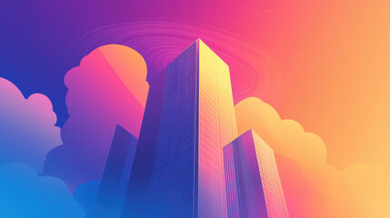Fototapeta premium Skyline Heights: Modern architecture in a stylized, low-angle perspective, bathed in the warm hues of a sunset sky, evoking a sense of upward ambition and urban vibrancy.