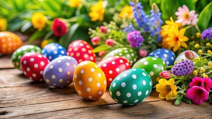 Fototapeta premium A cluster of colorful polka dot Easter eggs scattered on a wooden table surrounded by lush greenery and vibrant flowers