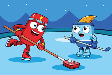 Fototapeta premium Cartoon curling robots, ice rink, mountain backdrop, starry sky, cute characters, red robot with broom, blue robot with stone, winter sports, friendly competition
