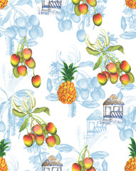 This seamless tropical pattern features hand-drawn watercolor illustrations of ripe mangoes, fresh pineapples, and charming beach huts, creating a vibrant and exotic island vibe. 