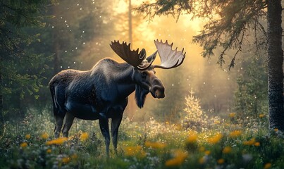 An affective moose in the forest, standing on grass near a tree and flowers, with morning light, a beautiful nature scene.