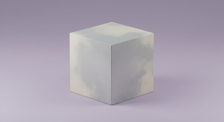 Fototapeta premium Cloudscape Cube Showcase With Pastel Lilac Backdrop, Modern Presentation Display