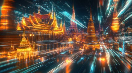 Glowing Temples of Bangkok Under Dynamic Light Effects at Night