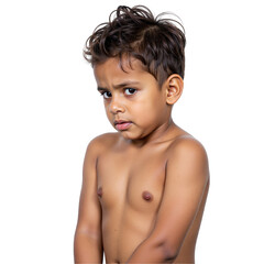 Naklejka premium A Young Male Child Posing with a Serious Expression Against a transparent background, Displaying a Unique Emotional Attitude, Captivating Innocence, and Childhood Curiosity