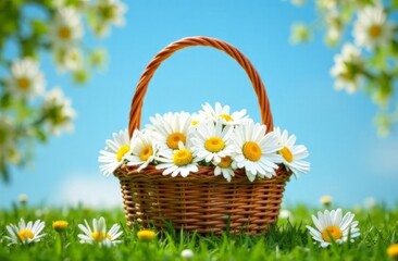 Wicker basket with white daisies on green grass on sky background in  a sunny summer day close-up