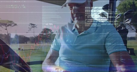 retired golfer using tablet on sunny fairway, displaying stock charts and code overlays - Powered by Adobe