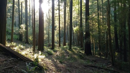 Fototapeta premium Sunlight filters through the dense canopy of redwood trees in a serene forest