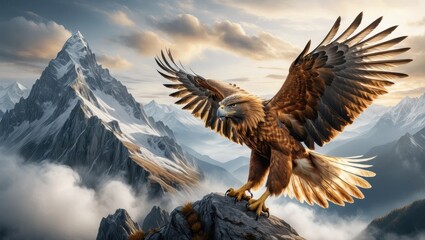 Fototapeta premium Majestic eagle atop a mountain peak