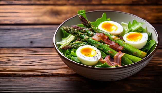 bowl of asparagus salad with egg and bacon on wooden table background for halthy nutrion and fitness