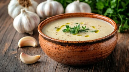 Creamy garlic soup in a rustic bowl with fresh garlic cloves.