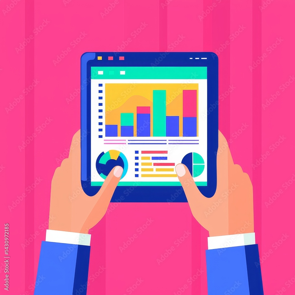 Poster hands holding a tablet displaying colorful charts and graphs.