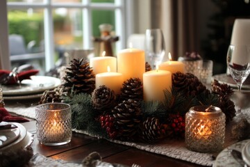 Christmas Table Centerpiece with Candles and Pinecones in Cozy Dining Room Setting