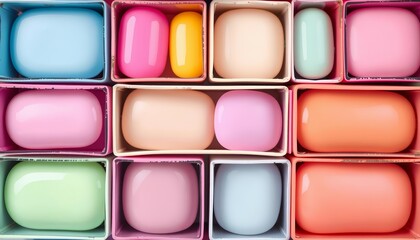 Pastel nail polish in square boxes, diverse colors, cosmetic product, square